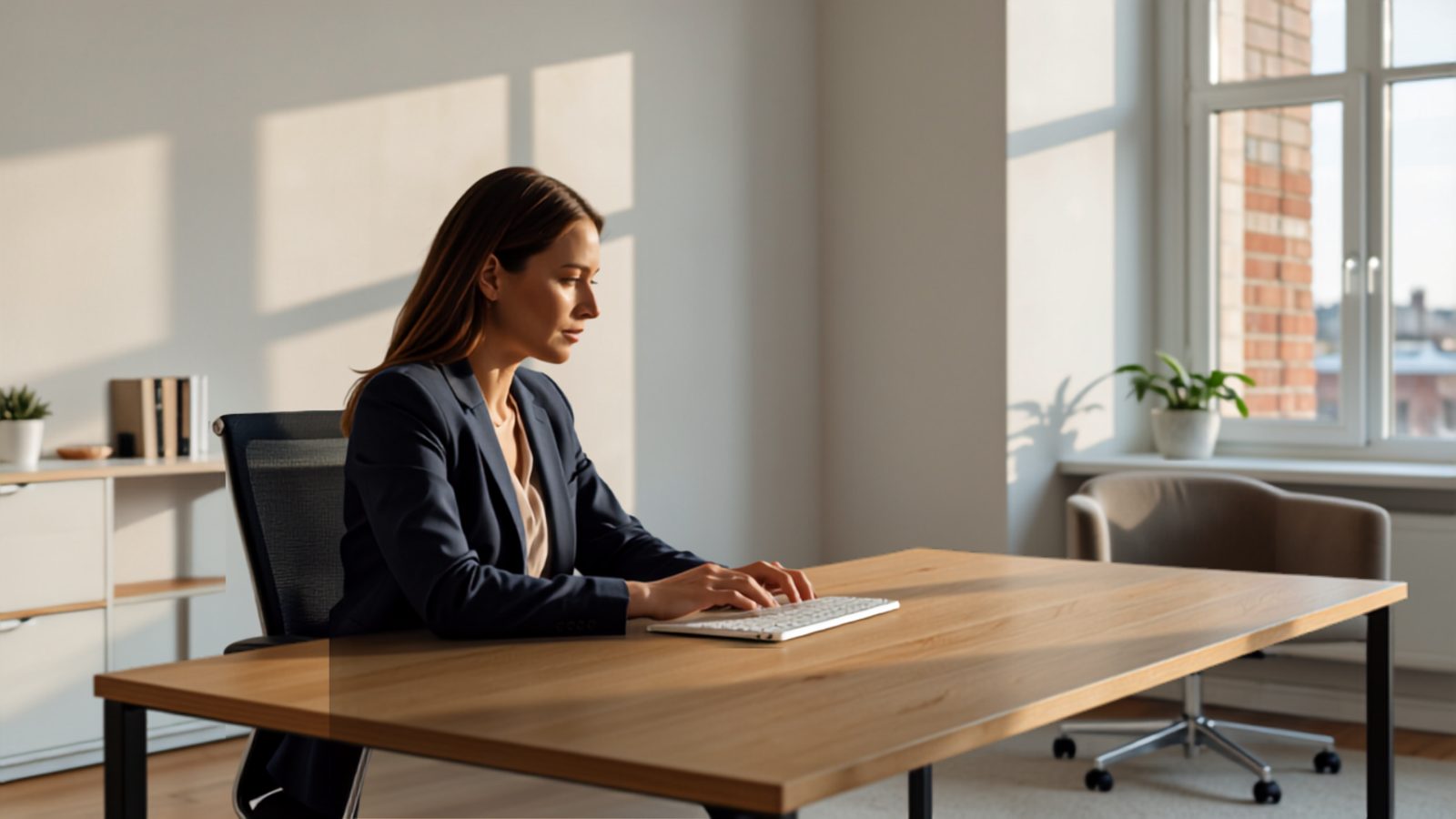 A professional at a sunlit desk pauses mid-task, weighing where to direct focused attention next